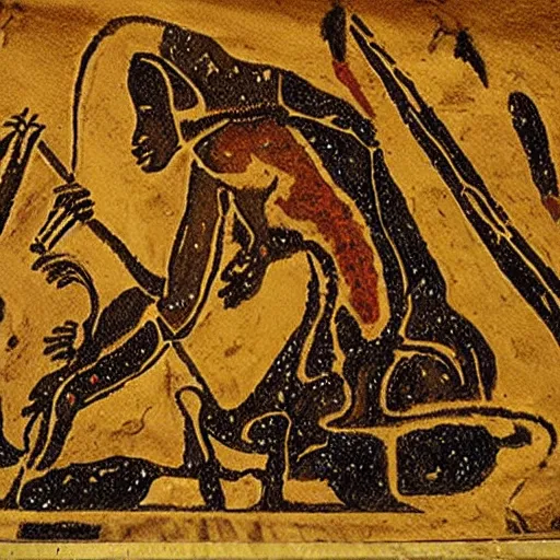 Prompt: cave painting of aliens building the pyramids