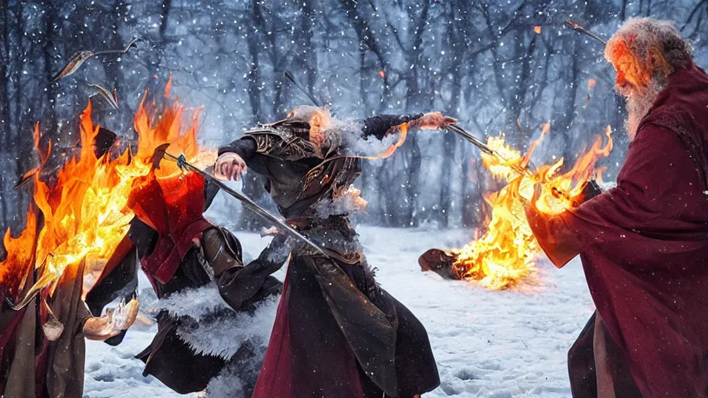 Image similar to two grand old wizards having an epic duel, fire vs ice.