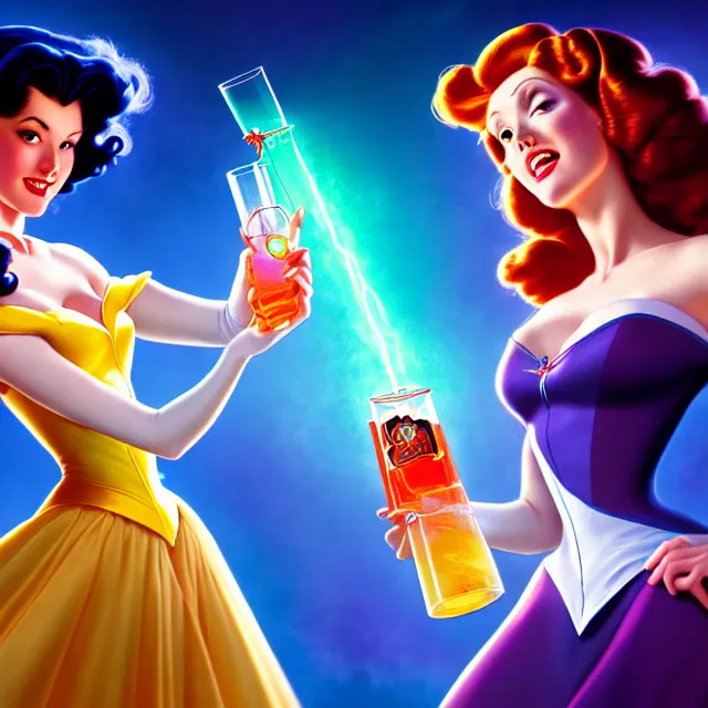 Image similar to key visual of an attractive sorceress holding two flasks full of glowing liquid, mad scientist's lab background, by gil elvgren and stanley lau, disney princess style, epic, 4 k, hdr, cinematic