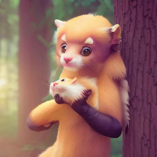 Prompt: Cute realistic anime girl with a pine marten, 3d render, octane render, CGsociety, 4k, high quality