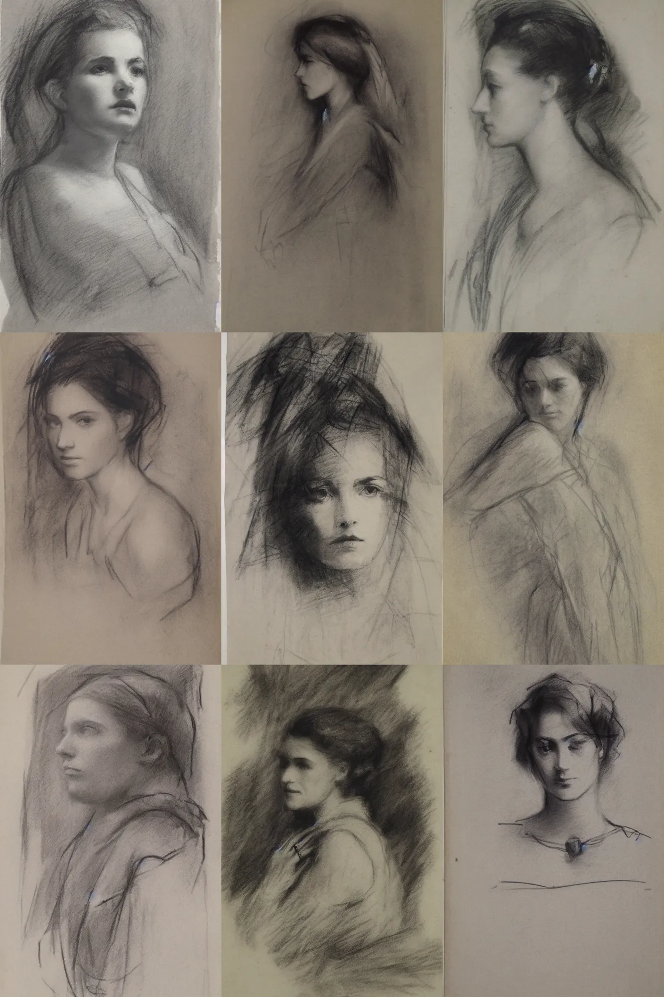 Prompt: beautiful charcoal drawing portrait on newsprint of a woman by john singer sargent