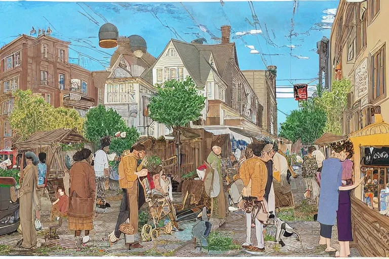 Image similar to an elaborate and dense painting of a beautiful peaceful neighborhood scene, detailed, made of alcohol ink on parchment and penned illustrations, by wes anderson!!!!!! and geoff darrow