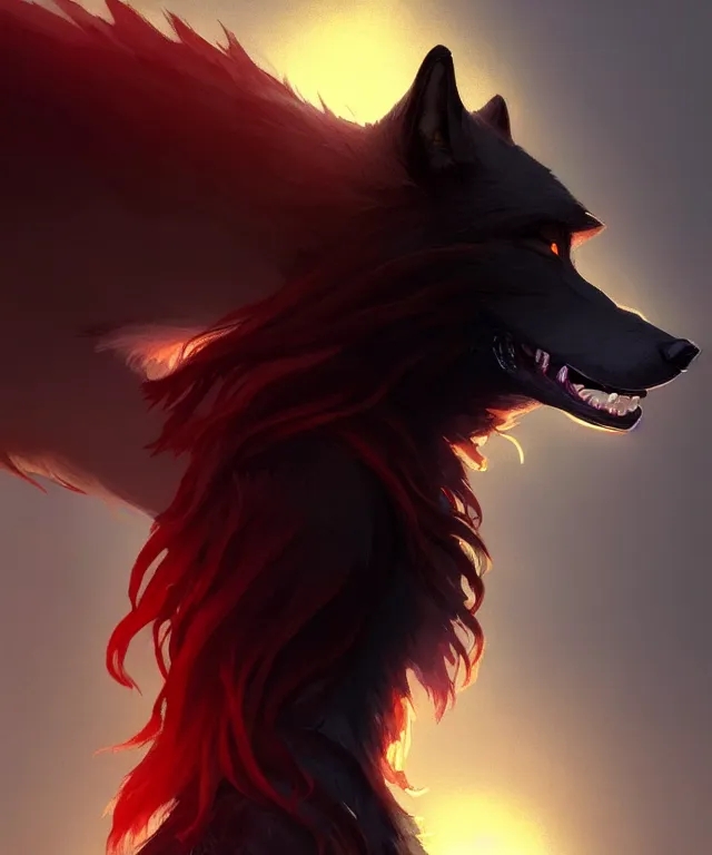 Image similar to award winning painting of a anthropomorphic black male wolf person with long red hair | | concept art, volumetric lighting, highly detailed, photorealistic, by greg rutkowski and cory loftis trending on artstation