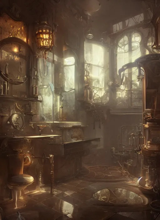 Prompt: a beautiful insanely detailed matte painting of a steampunk bathroom, sharp, ray tracing, ambient occlusion, octane render, intense colors, by moebius, by greg rutkowski, by rossdraws