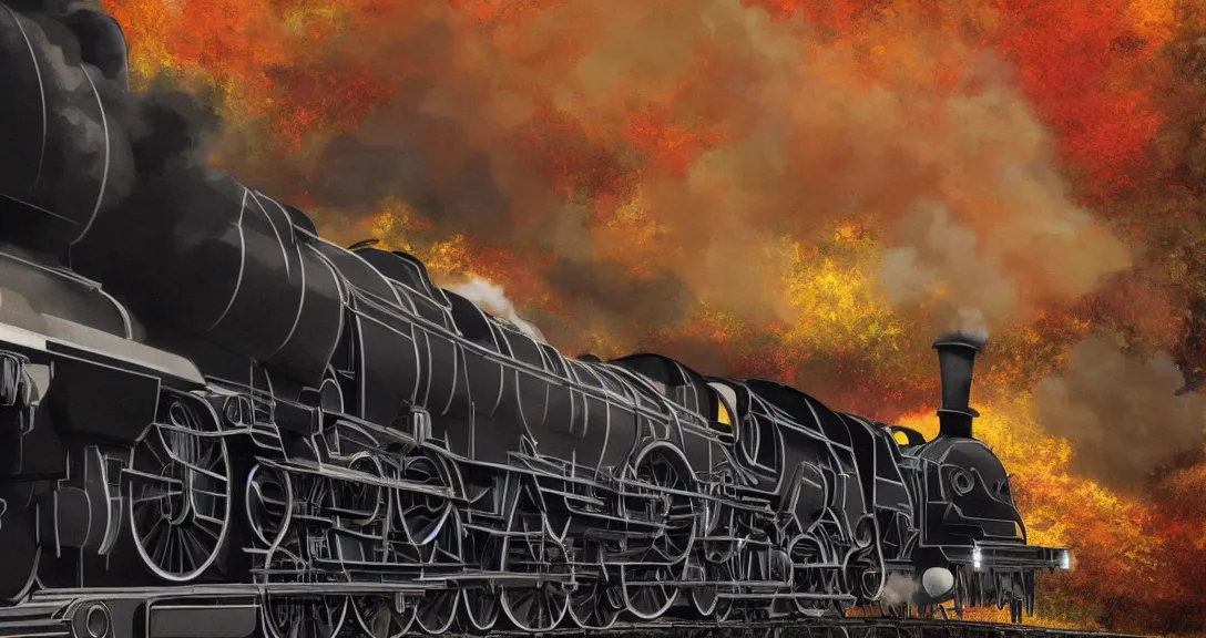 Image similar to side close - up view of a steam train, autumn light, smoke, beautiful, by studio ghibli, by tomono yoshiyuki, digital art, concept art, smooth, sharp focus, illustration