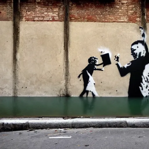 Prompt: A photograph of a Banksy painting in Venice