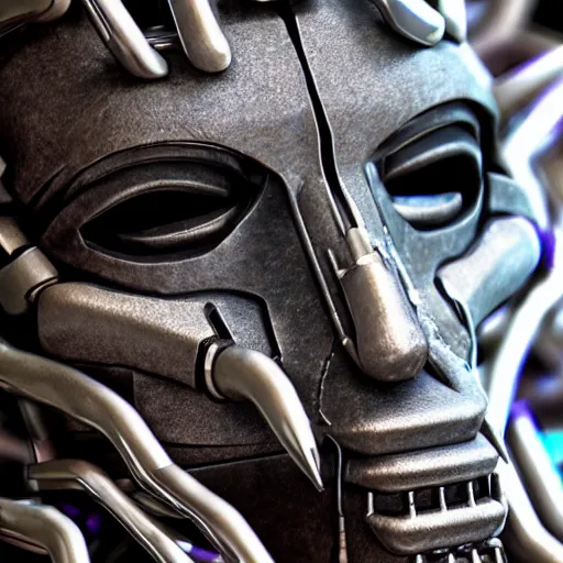 Image similar to a close up of a mask on a table, cyberpunk art by Giger, zbrush central contest winner, afrofuturism, made of paperclips, darksynth, made of liquid metal