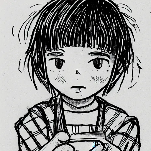 Prompt: a young boy holds a butcher's knife in their hand, anime style, drawn in black pen ink sketch