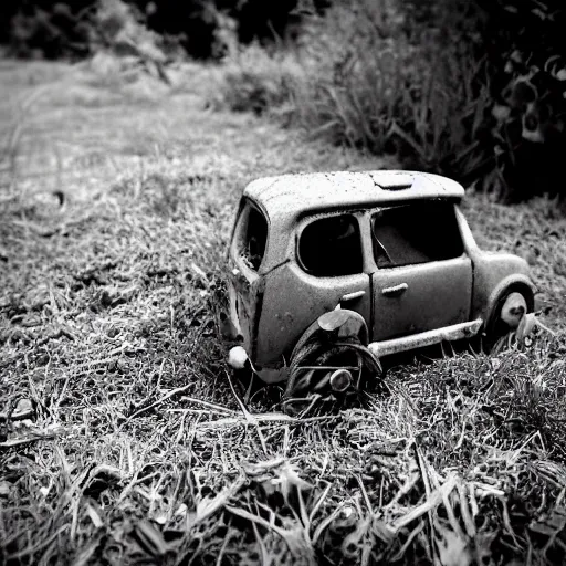 Prompt: an old little tykes toy car, abandoned on the side of the road. weeds are overgrown and the eyes on the car look slightly angry. the wheels seem to be turning into hands. black and white photo. surrealism.