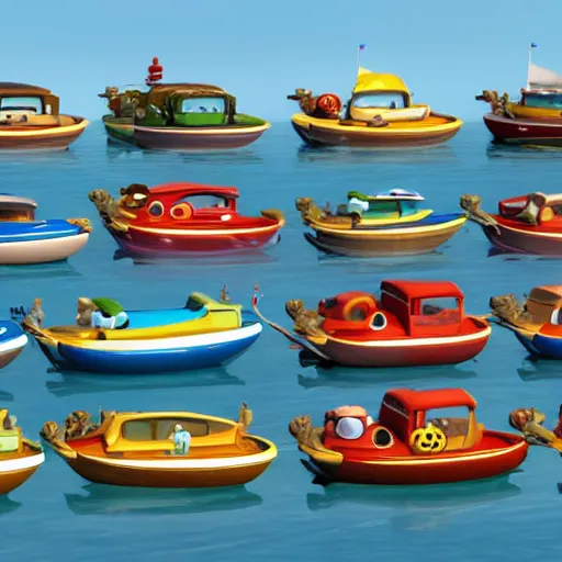 Image similar to Boats in the style of Disney Pixar's Cars (2006), official screenshot