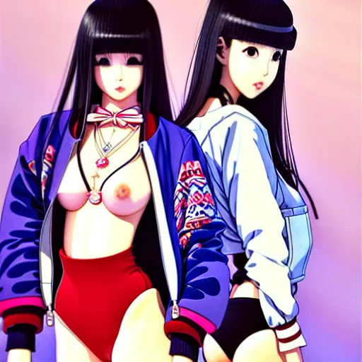 Image similar to a beautiful japanese lalisa alluring gravure model, wearing oversized designer bomber jacket and leotard, bulky poofy bomber jacket with mesoamerican patterns, mesoamerican native street fashion, gapmoe yandere grimdark, trending on pixiv fanbox, painted by greg rutkowski makoto shinkai takashi takeuchi studio ghibli, akihiko yoshida