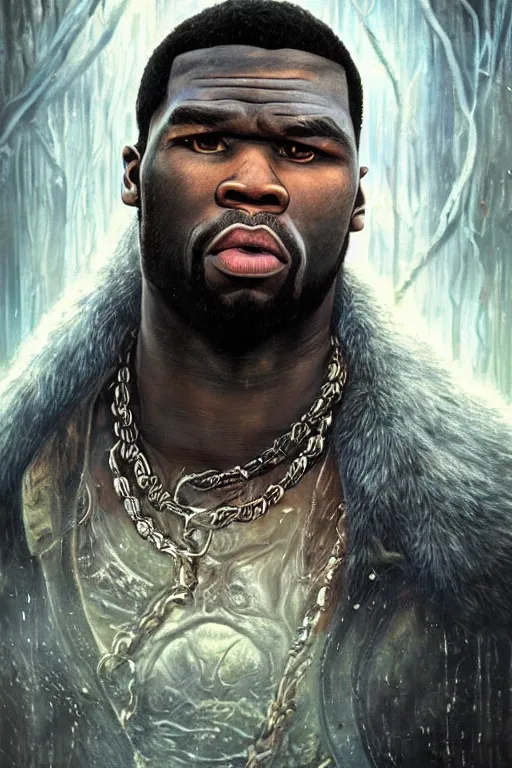 Prompt: highly detailed elden ring portrait photo of a 5 0 cent in a scenic dystopian environment, hyperrealistic illustration by william didier - pouget