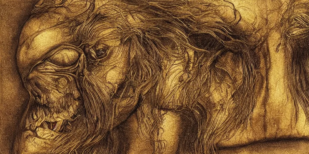 Prompt: realistic portrait of creatures from nightmares, drawn, golden, 1450, ink, ultra realistic, 8k