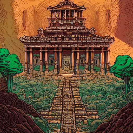 Prompt: Colossal forgotten ancient temple by Dan Mumford, epic, trending on Artstation