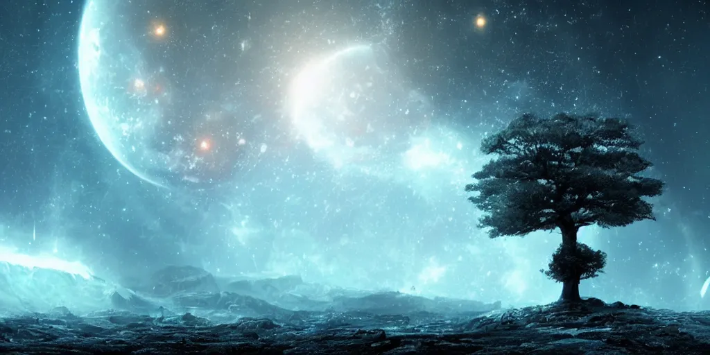 Image similar to The lonely old tree on the asteroid in the abyss of space, cyberpunk