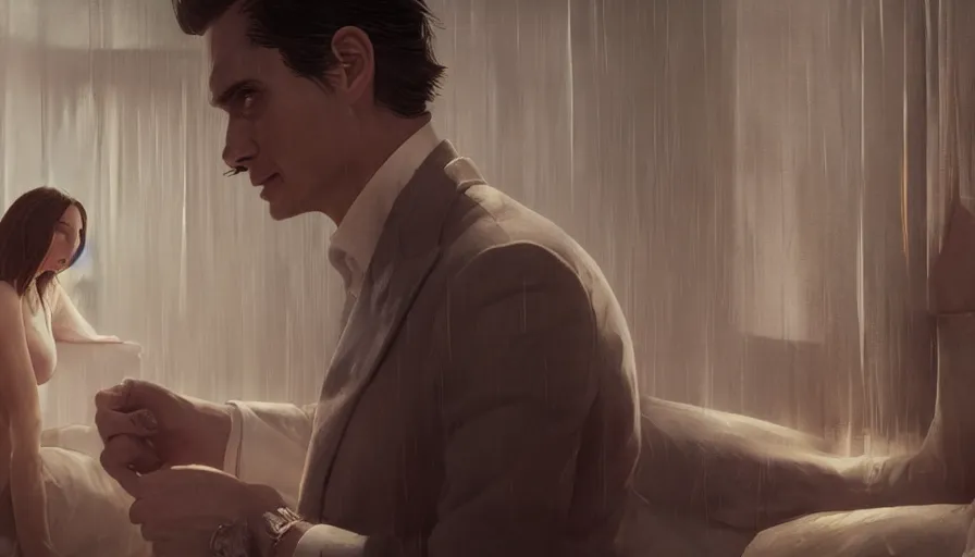 Image similar to intimacy, highly detailed creepy vfx portrait of a patrick bateman, ana de armas, madison beer, stephen bliss, unreal engine, greg rutkowski, loish, rhads, beeple, makoto shinkai and lois van baarle, ilya kuvshinov, rossdraws, tom bagshaw, global illumination, detailed and intricate environment