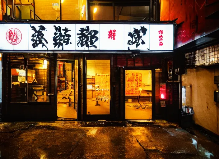 Prompt: exterior of an open cyberpunk ramen place during a rainy night