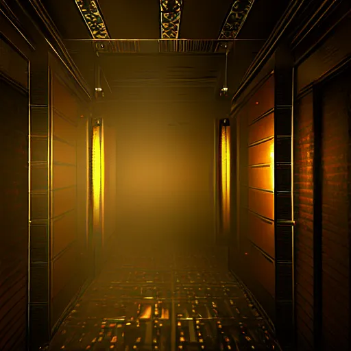 Image similar to Creepy Elevator, Volumetric Lighting, Anamorpic Lens, Cinematic Lighting, Hyperrealistic Rendering, Hyperdetailed, Intricate Details, Dynamic Lights, Raytracing