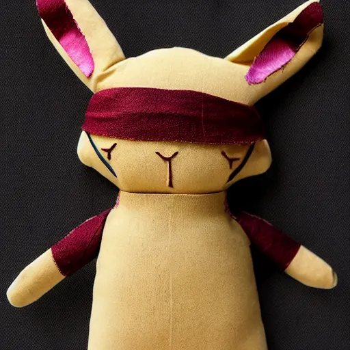 Prompt: a dark ninja rabbit plush doll hand stitched from an old sock, photography, photorealistic, national geographic