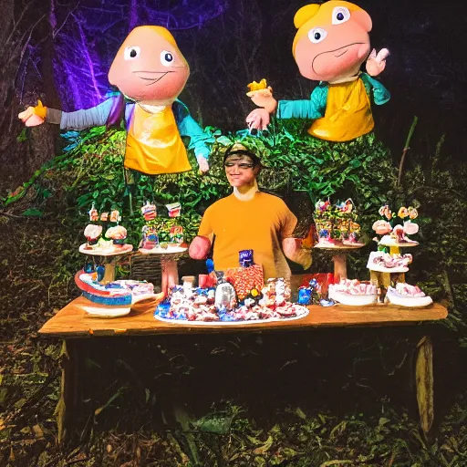 Image similar to photo of toad birthday party in the woods at night