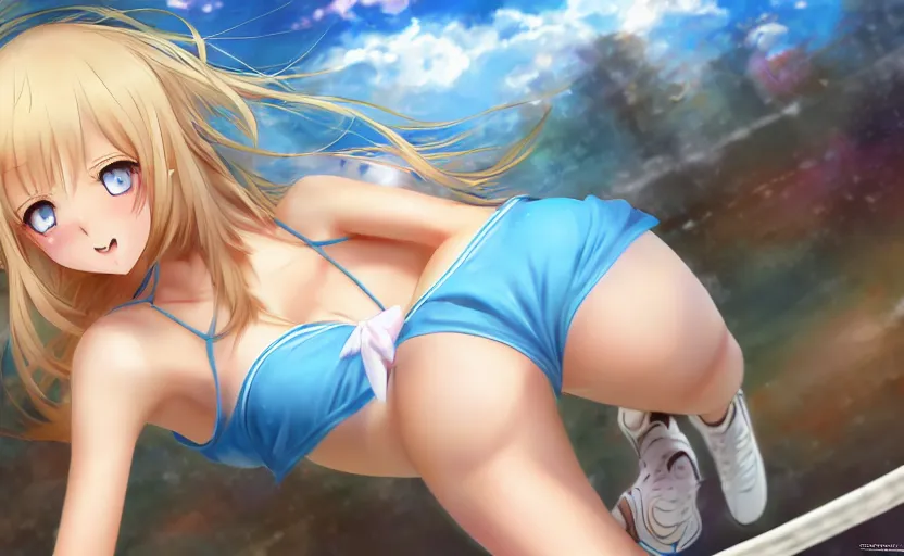 Image similar to a very beautiful young anime tennis girl, full body, long wavy blond hair, sky blue eyes, ( ( ( full round face ) ) ), short smile, bikini, miniskirt, front view, mid - shot, highly detailed, cinematic wallpaper by stanley artgerm lau