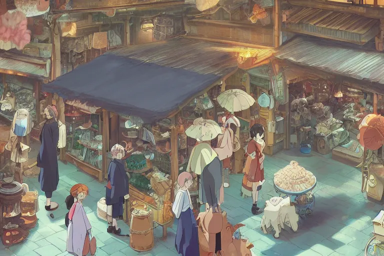 Image similar to Buyers choosing magic animals in magic animals market. 4K digital paint by studio Ghibli Hayao Miyazaki. Very sharp and detailed. Trending on ArtStation and Behance.