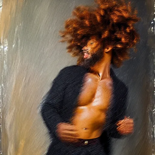 Image similar to black man with curly hair dancing inside a equipped photography studio by himself, intricate details, happy, impressionist painting, figurative painting