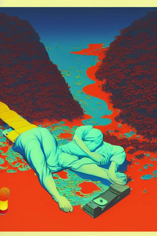 Image similar to a paper blotter tab of LSD acid melting into a surreal psychedelic hallucination, screenprint by kawase hasui, moebius, Edward Hopper and James Gilleard, Zdzislaw Beksinski, Steven Outram colorful flat surreal design, hd, 8k, artstation