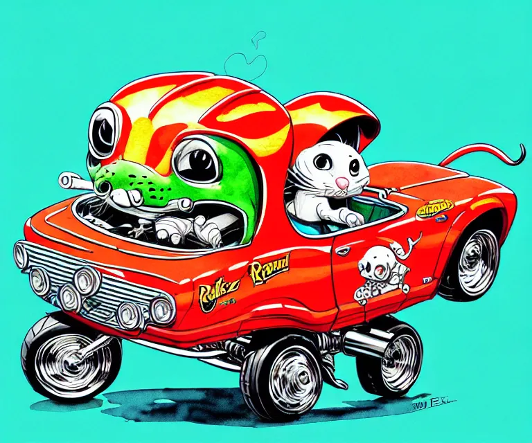 Image similar to cute and funny, baby jaguar wearing a helmet riding in a hot rod with oversized engine, ratfink style by ed roth, centered award winning watercolor pen illustration, isometric illustration by chihiro iwasaki, edited by range murata, tiny details by artgerm and watercolor girl, symmetrically isometrically centered, sharply focused