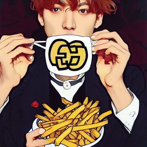 Prompt: taehyung eating gucci fries, 6 0 0 0 dollar fries fried by gucci by alphonse mucha