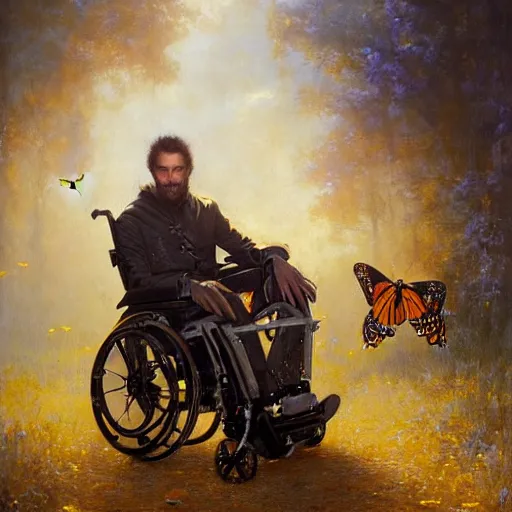 Prompt: handsome portrait of a wheelchair guy fitness posing, radiant light, caustics, war hero, one legged amputee, surrounded by monarch butterflies, by gaston bussiere, bayard wu, greg rutkowski, giger, maxim verehin