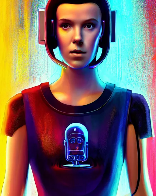 Prompt: portrait of cyberpunk millie bobby brown as a robot
