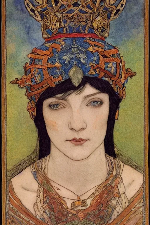 Image similar to the lantern crown, by Annie Swynnerton and Nicholas Roerich and Edmund Dulac, embroidered brocade, tattoos, elaborate costume, geometric ornament, symbolist, rich colors, dramatic lighting, smooth, sharp focus, extremely detailed