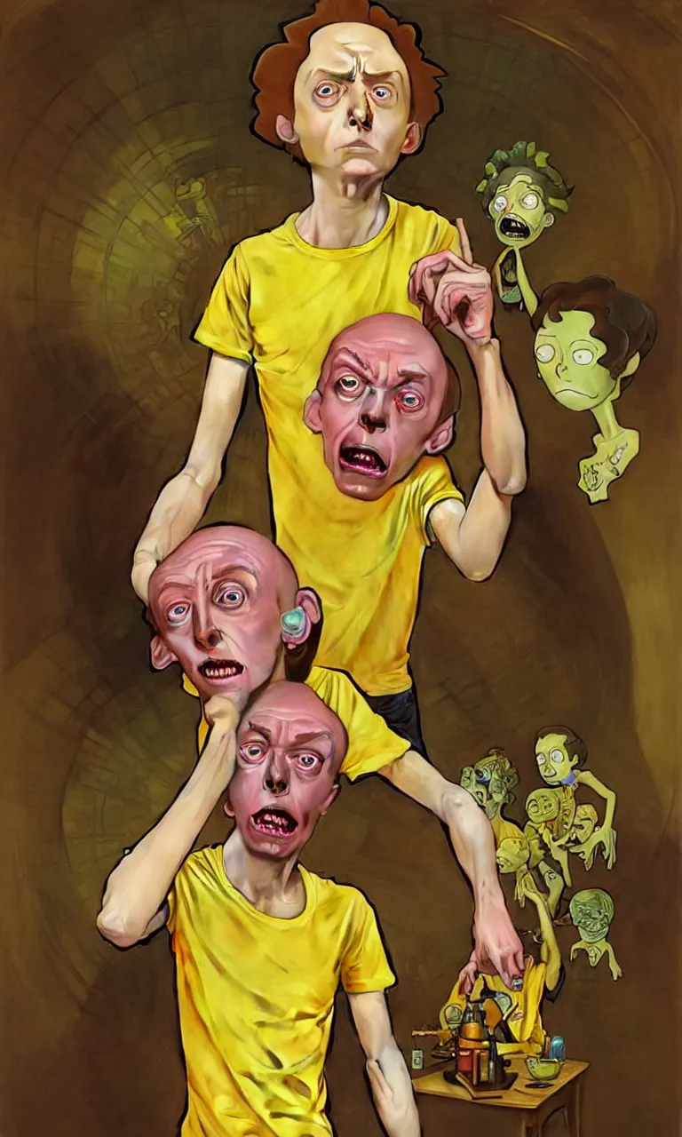 Prompt: hyper realistic grotesque portrait of an young dumb roundheaded morty, from rick and morty, worried, yellow t - shirt, portal in the background, by lee bermejo, alphonse mucha and greg rutkowski