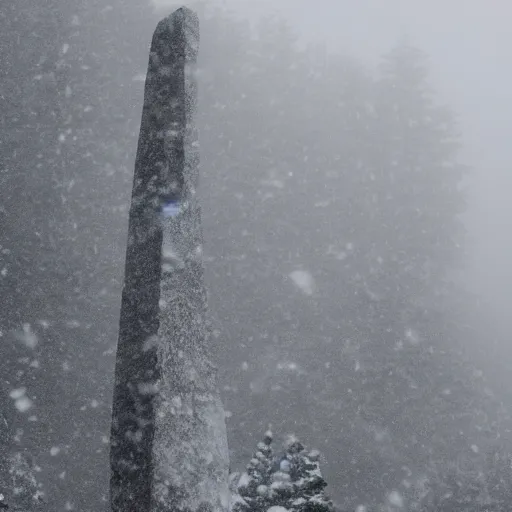 Prompt: a monolithic obelisk towering over a mountain in a taiga. overcast sky, grainy, snowing.