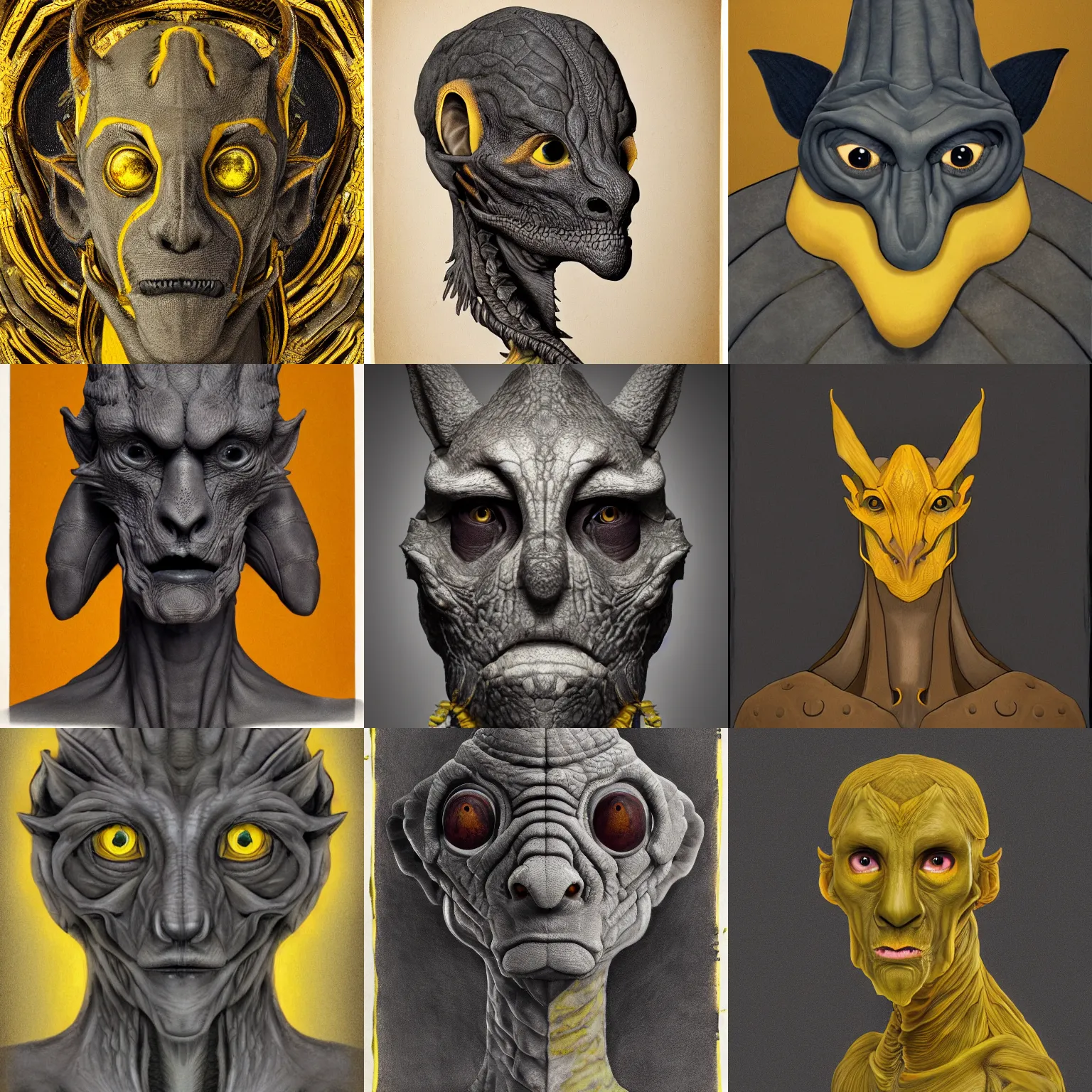 Prompt: a portrait of a very non-human character with the head of a dragon, gray leathery skin, gaunt facial structure, and yellow eyes