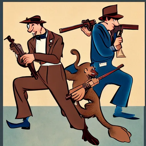 Prompt: monkey wielding two ak - 4 7 s, style of 1 9 2 0 s disney cartoon