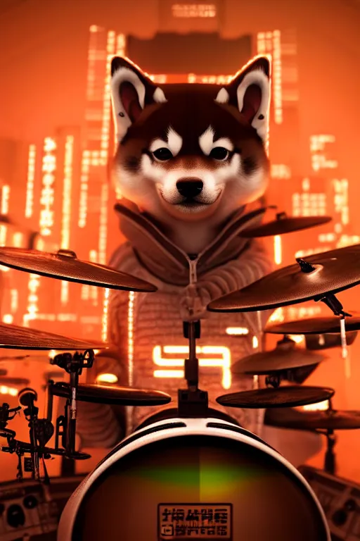 Image similar to high quality 3 d render very cute cyborg shiba inu plays drums, cyberpunk highly detailed, unreal engine cinematic smooth, in the style of blade runner & pixar, hannah yata charlie immer, moody light, low angle, uhd 8 k, sharp focus