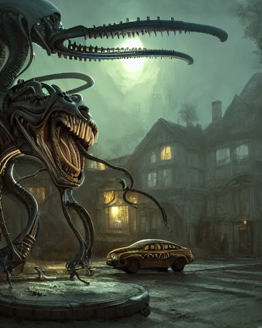 Image similar to xenomorph taxi car in a fantasy village, calming, uplifting mood, ultra realistic, farm, funny, small buildings, highly detailed, epic lighting, illuminated, cinematic, morning, art by eddie mendoza