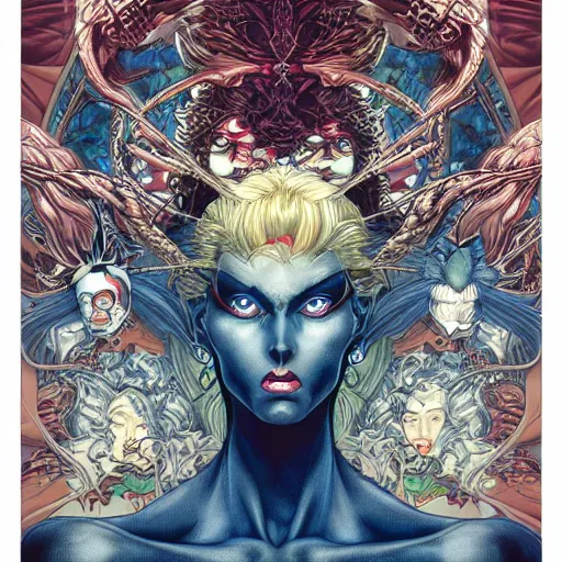 Image similar to portrait of crazy mystique, symmetrical, by yoichi hatakenaka, masamune shirow, josan gonzales and dan mumford, ayami kojima, takato yamamoto, barclay shaw, karol bak, yukito kishiro