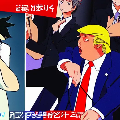 Image similar to Donald Trump as an anime character from Studio Ghibli