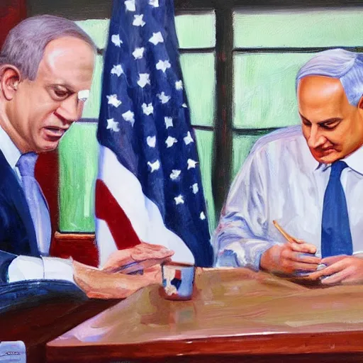 Prompt: benjamin netanyahu sir on table and talk on his phone. painting