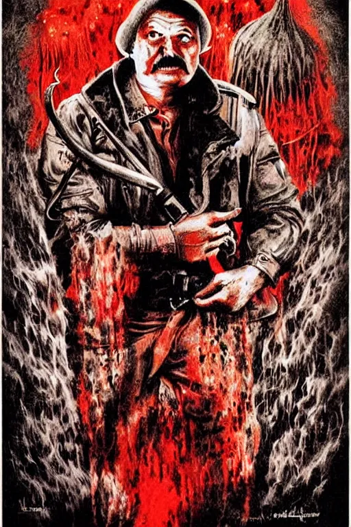 Image similar to lukashenka went to hell, art in the style of a poster for horror films in a cinema, detailed art in color