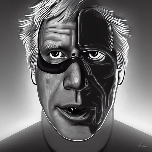 Image similar to dramatic digital drawing of boris johnson as the terminator (1984), one eye is red and glowing, half face skeleton, cinematic lighting