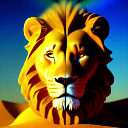 Image similar to lion made of rainbow sand, volumetric light, cinematic, extremely detailed, cgi, trending on artstation, hyper realistic, hd wallpaper, sharp, michael whelan, ted nasmith