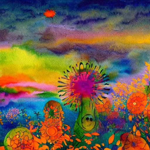 Image similar to spirits over the horizon, spiritual, watercolor, warm color palette, colorful, vapor, mist, flowers, floral, diffraction grading, de - noise, by akihito yoshida, by weta fx, by yaoy kusama, by yoshitaka amano