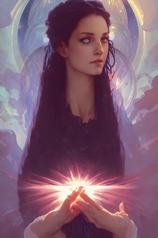 Image similar to bright cube above a portrait of a beautiful dark mystical woman, ice blue eyes, artstation, concept art, smooth, sharp focus, illustration, art by artgerm and greg rutkowski and alphonse mucha and william - adolphe bouguereau