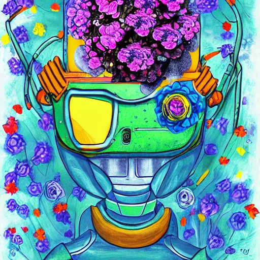 Image similar to a dramatically lit brightly colored detailed painting of a robot with flowers growing out of its head with a rainbow background, digital art