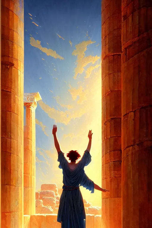 Prompt: high detail portrait, screaming woman wearing ancient greek yellow paper tunic, hands in air, stephen bliss, fantasy art by greg rutkowski, rhads, ferdinand knab, makoto shinkai and lois van baarle, global illumination, radiant light, ancient greek temple ruins, red and blue color theme