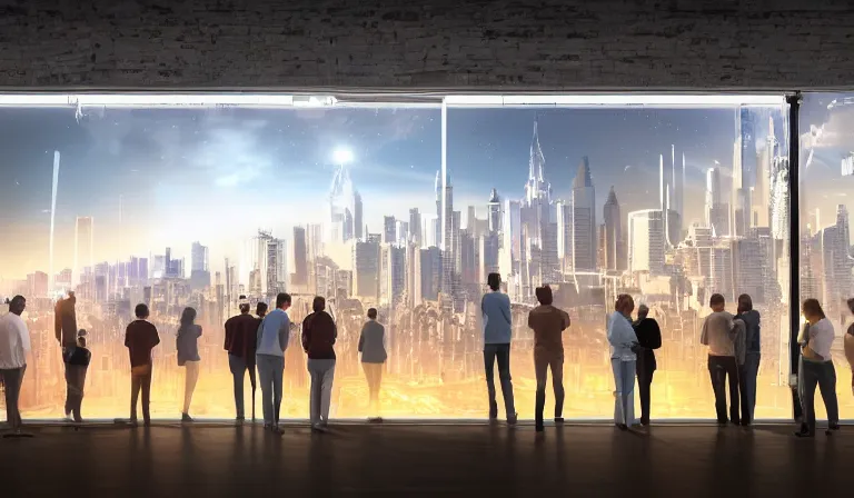 Image similar to large group people in simple warehouse, looking at hologram of futuristic cbd on a table, cinematic concept art, godrays, golden hour, natural sunlight, 4 k, clear details, tabletop model buildings, center model buildings, hologram center, crane shot, crane shot, crane shot, clear details, windows